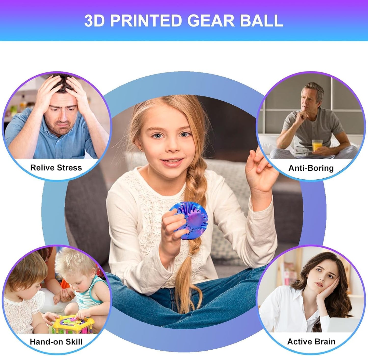 2024 New Gear Ball- 3D Printed Gear Ball Spin Ball or Cube Fidget Toy Desk Toy - Ideal for Sensory Needs and Autism Activity Gear Ball for Adults & Kids (Purple)