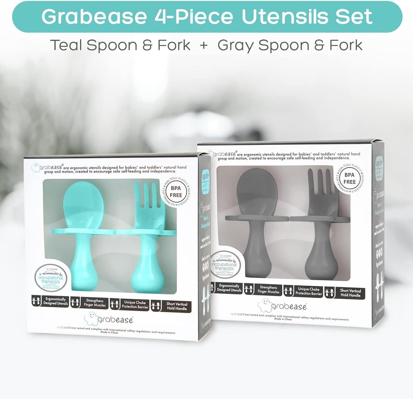 Grabease Baby Spoons and Forks Utensils for Toddlers Infants BPA-Free & Phthalate-Free Baby Silverware, 2 Sets, Teal and Gray - Infant Spoon - Toddler Fork