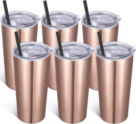 VEGOND 20oz Tumbler Bulk with Lid and Straw 6 Pack, Stainless Steel Vacuum Insulated Tumbler, Double Wall Coffee Cup Travel Mug, Rose Gold