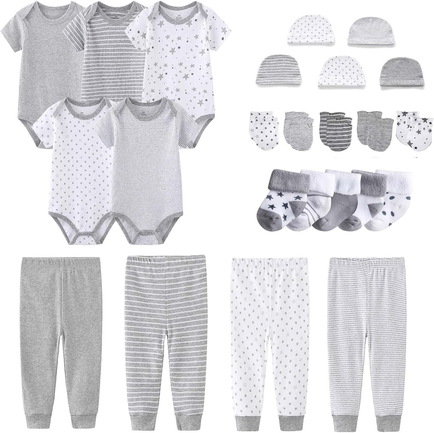 Newborn Layette Gift Set Bodysuits Pants for Baby Girl and Boy 24 Piece 100% Cotton Essentials and Accessories