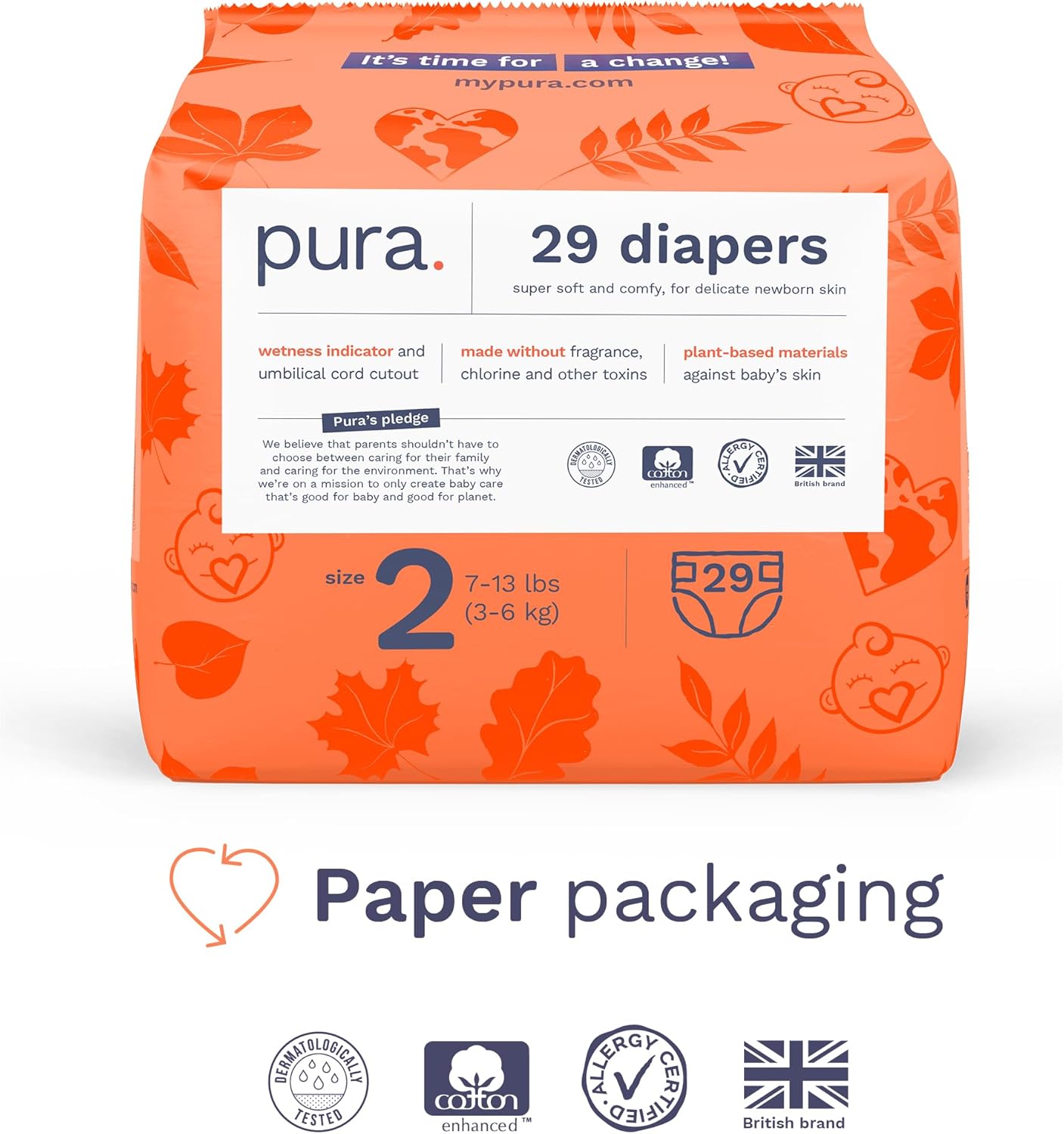 Pura Hypoallergenic Diapers Size 2 (7-13 lbs) Monthly Pack, Totally Chlorine Free, Wetness Indicator, Suitable for Sensitive Skin, Soft Organic Cotton Comfort, Overnight, 6 Packs of 29 (174 Diapers)