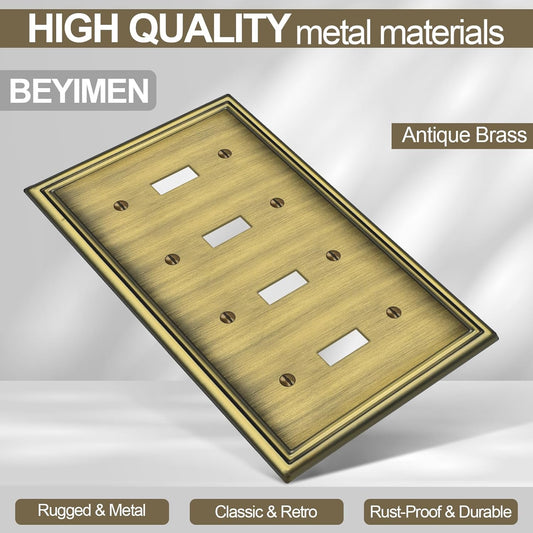 2 Pack Quad Toggle Light Switch Covers Plate, Antique Brass Metal Material Switch Plate Covers, 4 Gang Wall Plate for Light Switch - Classic Style