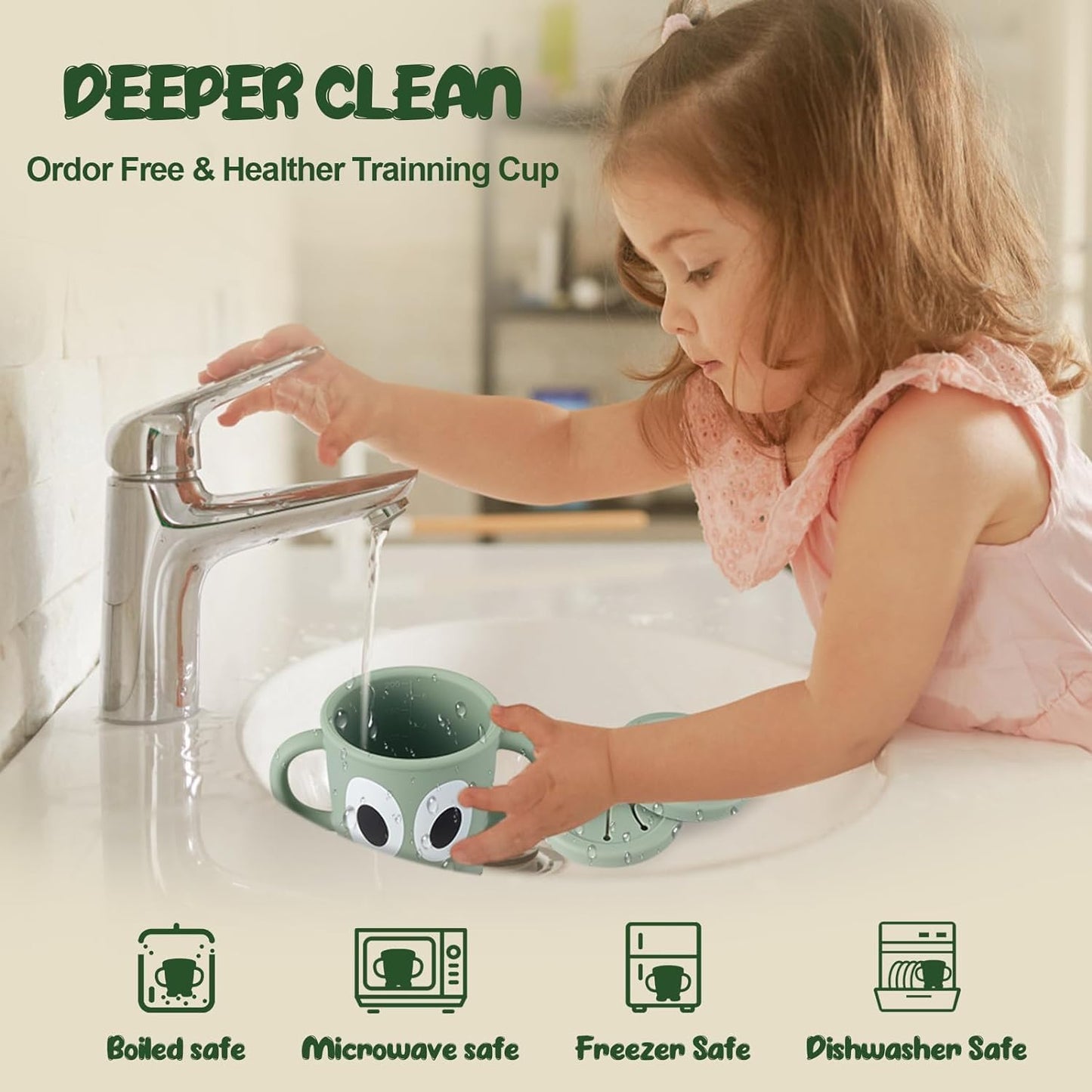 Silicone Snack Cups Food Container for Toddlers and Babies, Spill Proof Training Cup with Snack Cup Lid & Dust Proof Lid, Comes with a toy strap, Without BPA, Lead, or Phthalates（Gray & Beige）