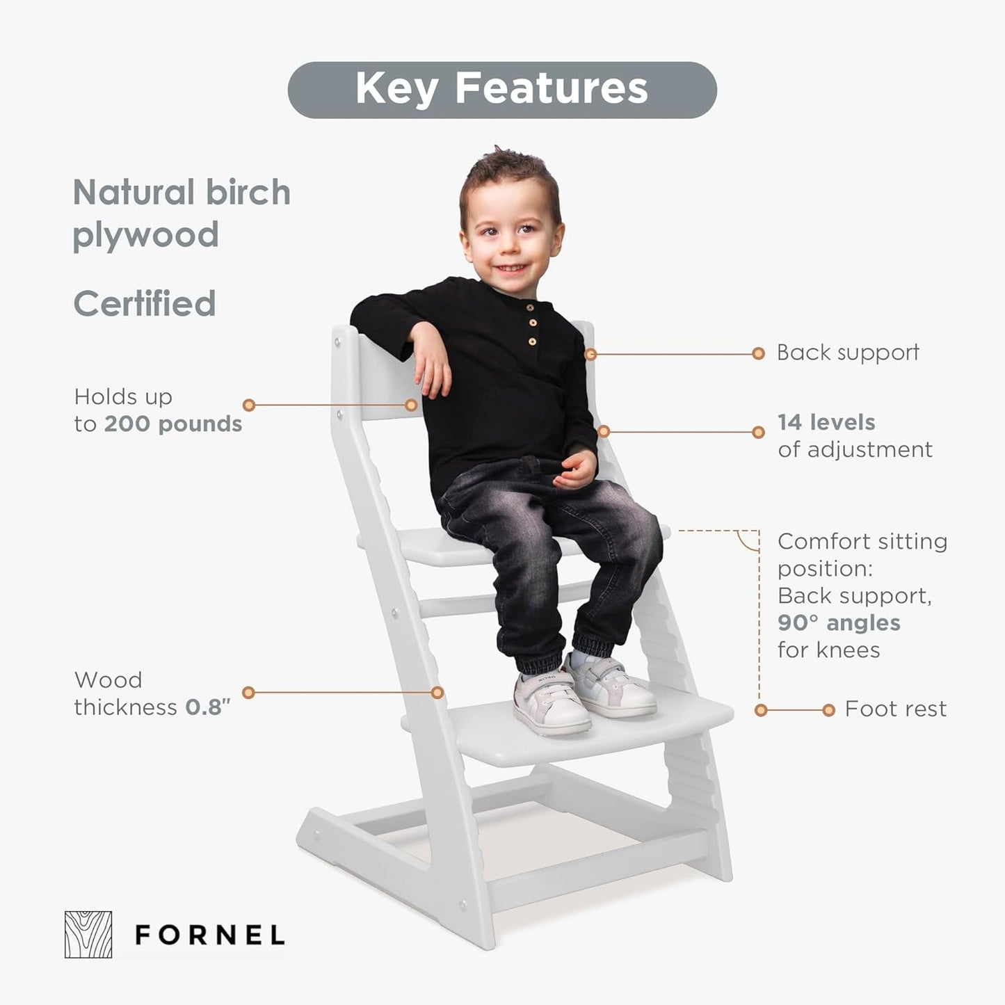 FORNEL Modern White Wooden High Chair | The Forever Chair That Grows from Toddler to Adult (200 lb) | Sleek, Easy-to-Clean Scandinavian Design