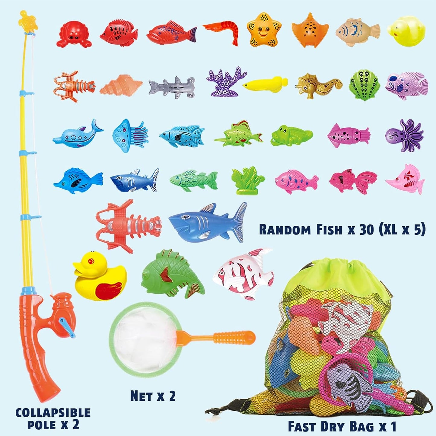 CozyBomB™ Magnetic Fishing Toys Game Set for Kids | Water Table Bathtub Kiddie Pool Party & Pole Rod Net, Plastic Floating Fish Toddler Color Ocean Sea Animals Birthday Age 3 4 5 6 Year