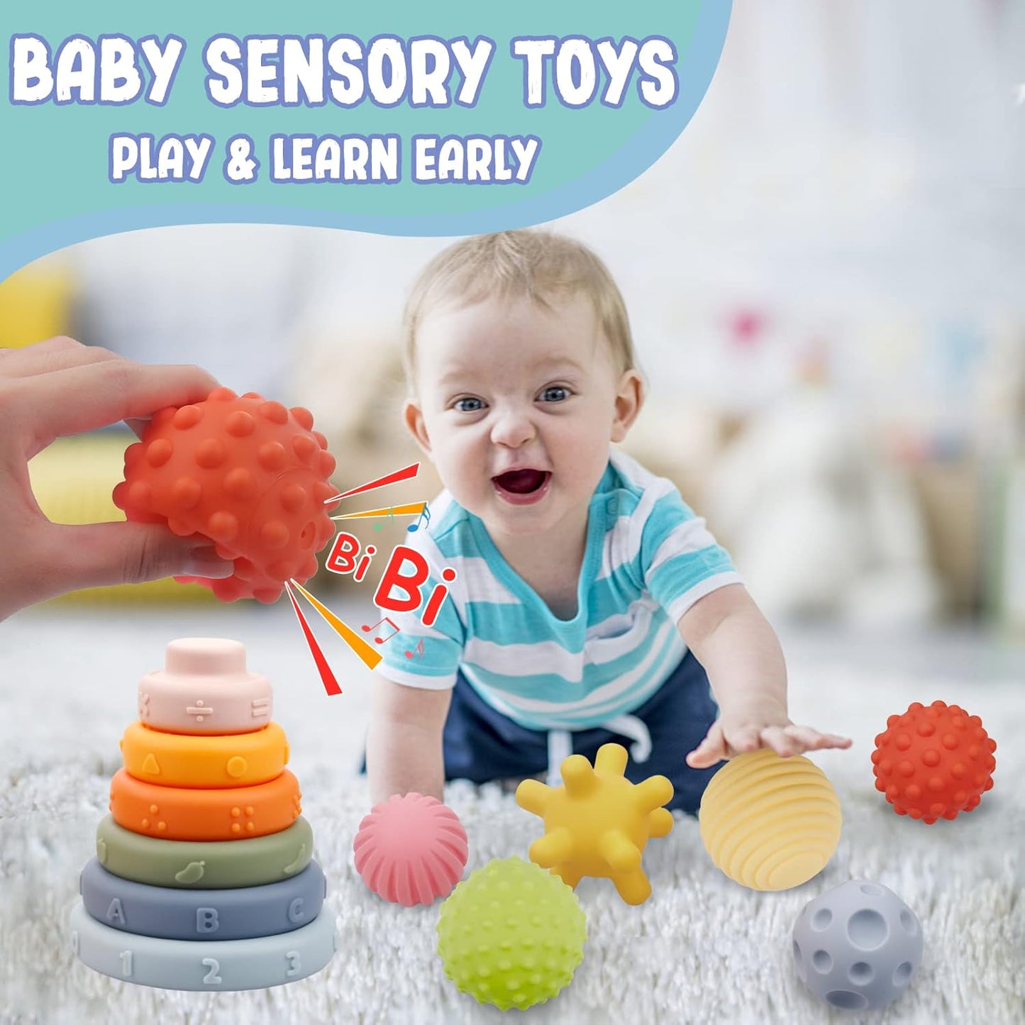 Montessori Toys for Babies 6-12 Months, Soft Baby Blocks Toys Set, 3 in 1 Infant Stacking Building Blocks, Teething Toys Sensory Balls Educational Learning Toys for Toddlers 3-6-9-11 Months Boys Girls