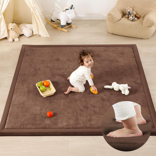 Ultra Soft Baby Play Mat,79"×79" Extra Large Activity Tummy Time Mat for Toddlers,Infants,Kids,1.3" Thick Elasti-Foam Nursery Rug for Floor,Non-Slip Safe for Crawling,Water-Repellent(Chocolate Brown)