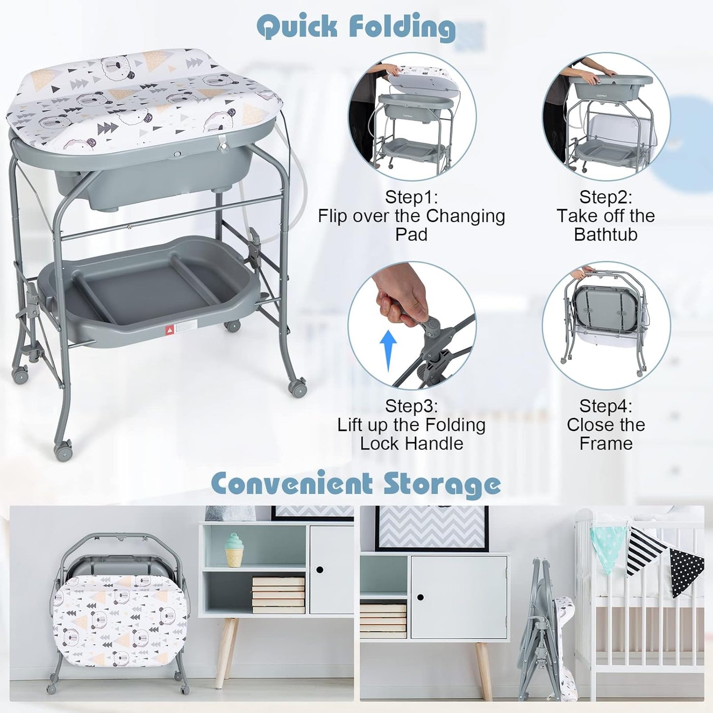 HONEY JOY Baby Changing Table with Bathtub, Foldable Infant Diaper Changing Station with Wheels, Storage Tray, Waterproof Pad, Portable Newborn Nursery Organizer Bath Stand for Boys Girls (Gray)