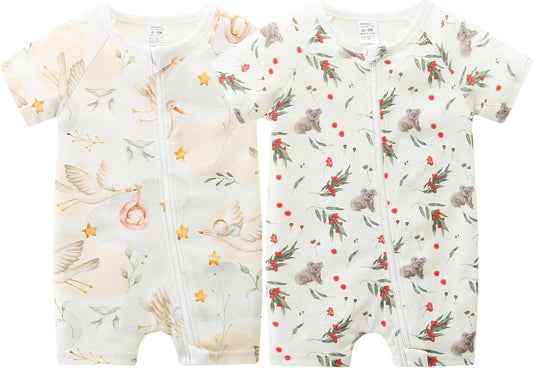 Unisex Summer Trendy 2-Pack Rompers Short Sleeve Zipped Bodysuit Infant Cotton Outfits