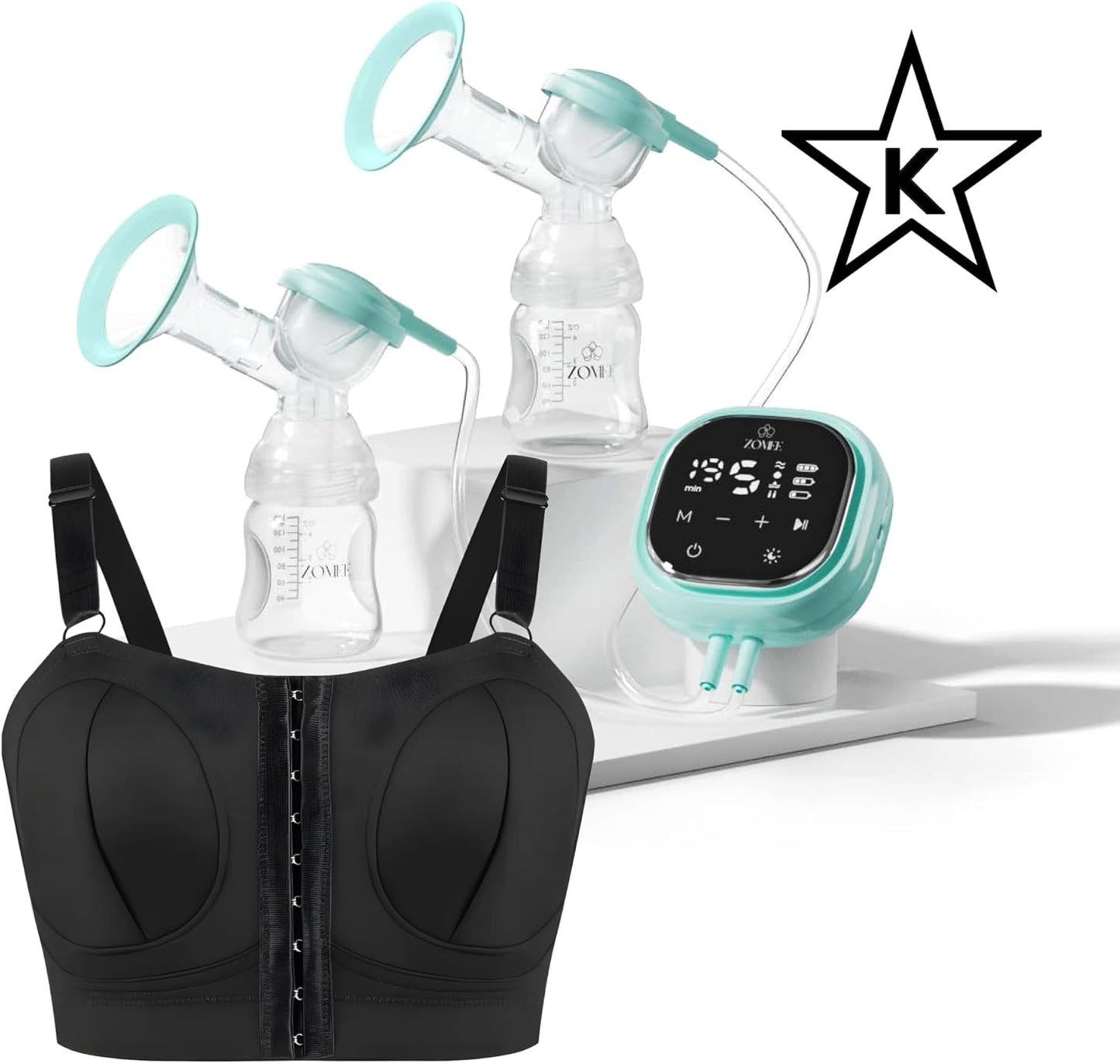 Zomee Z2 Double Electric Breast Pump - Shabbat Mode Edition - Portable, Hands Free Pumping Hospital Grade Wearable Breast Pump Including; Black Bamboo Pumping Bra (Medium)