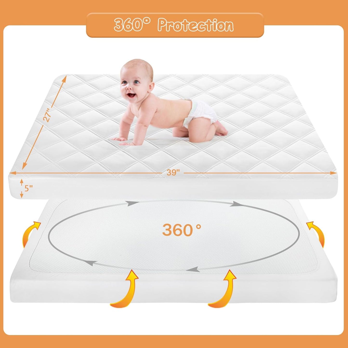 Yoofoss Waterproof Pack and Play Mattress Protector 2 Pack, Quilted Pack and Play Mattress Pad Cover Ultra Soft and Breathable, Playpen/Playard Mattress Sheet for Standard Pack n Play Size 39''x27''