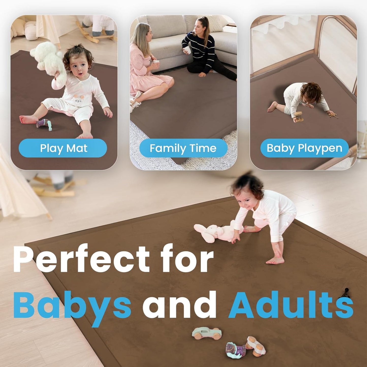 Ultra Soft Baby Play Mat,1.3" Thick Elasti-Foam Tummy Time Mat for Infants,Toddlers,Kids,Water-Repellent Coral Fleece Nursery Rug,Non-Slip Safe for Crawling&Hardwood Floors(Chocolate Brown)