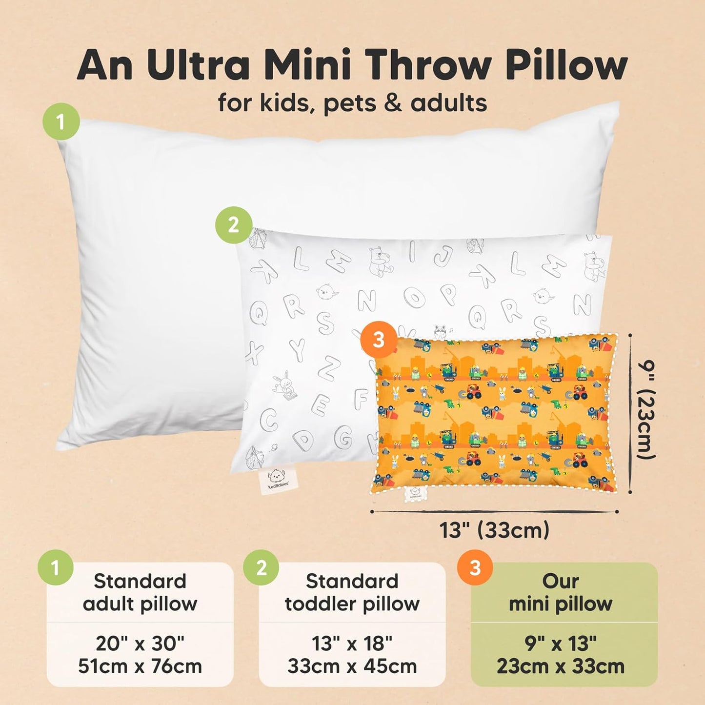 Mini Toddler Pillow with Pillowcase - 9x13 My Little Dreamy Travel Kids Pillow for Sleeping, Toddler Bed, Small, Tiny, Organic Cotton Pillowcase, Soft & Breathable,Kids 2-4 Years Old (Little Builders)
