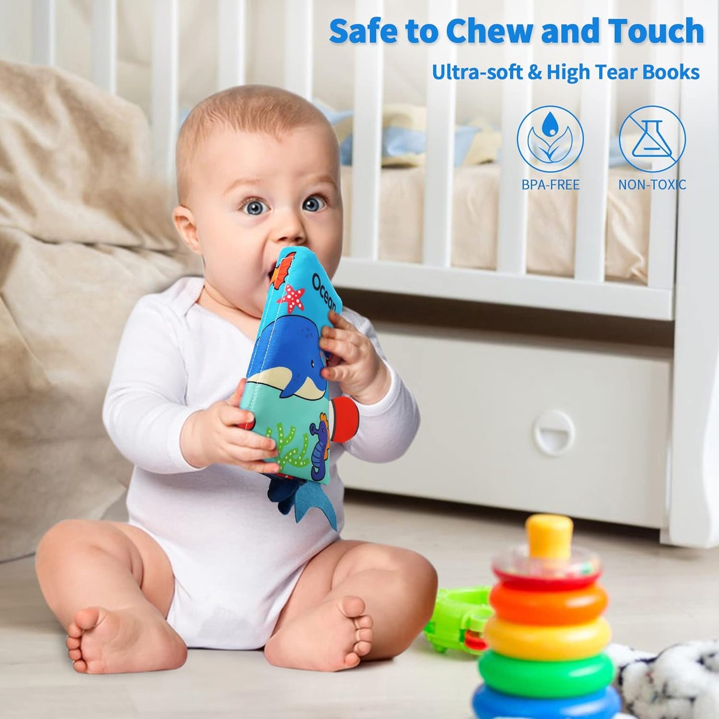 BARMACO Baby Soft Books, Touch and Feel Crinkle Cloth Books for Babies, Infants & Toddlers, Learning Toys Gifts for Boys & Girls, Early Development Interactive Sensory Toys, Ocean Animal Tails Books