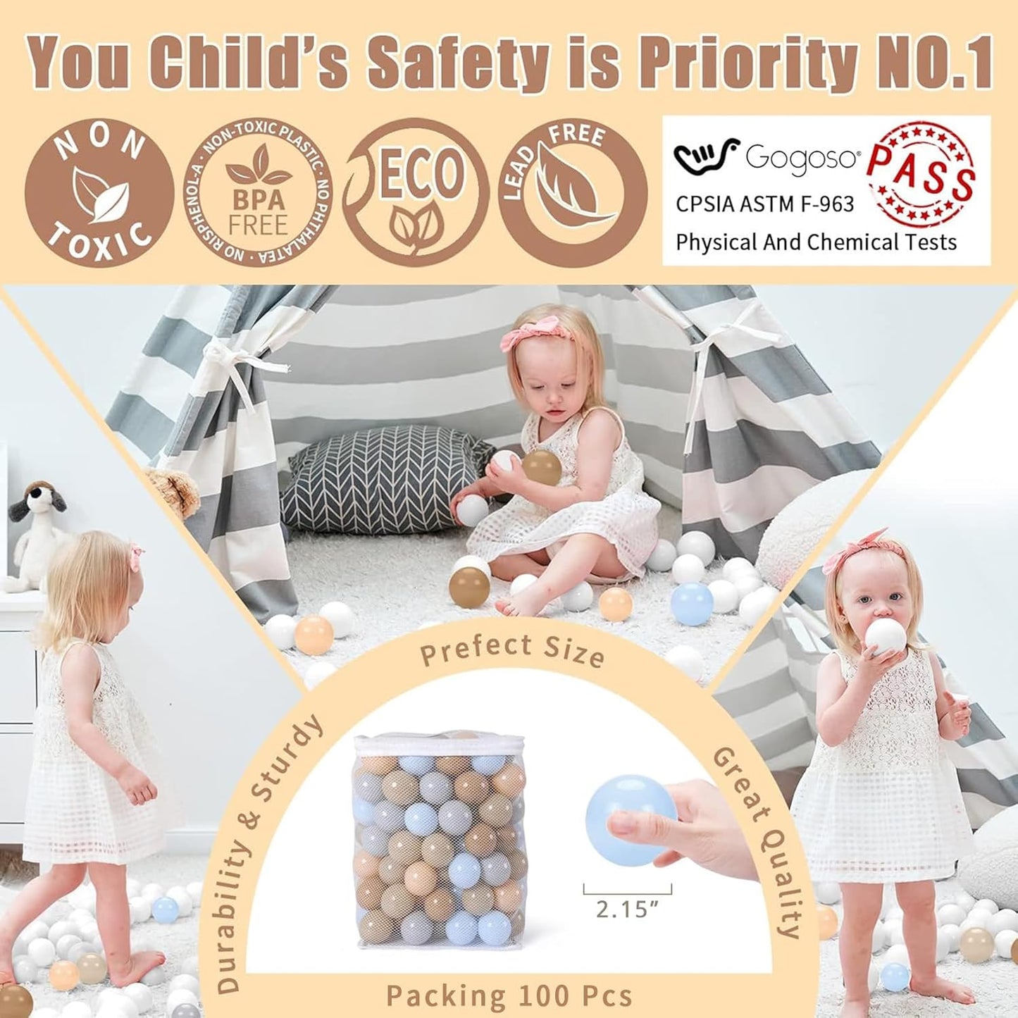 GOGOSO Ball Pits Balls for Toddlers Pack of 50 100 200 Plastics Shape Ball Non-Phthalate Non-BPA Non-Toxic 2.2-Inch Crush Proof Play Balls