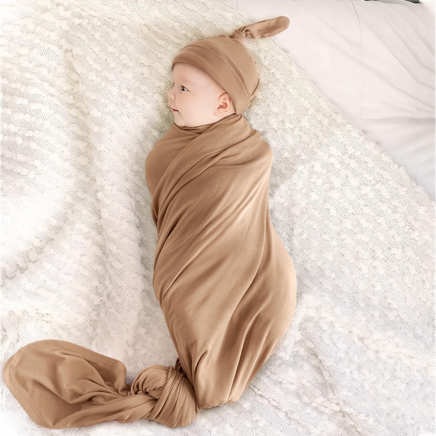 GRSSDER Newborn Swaddle Blankets, Ultra Soft Jersey Receiving Blanket with Matching Headband and Beanie Set, Stretchy Baby Blanket 47×47", Neutral Swaddle Wrap for Girls and Boys
