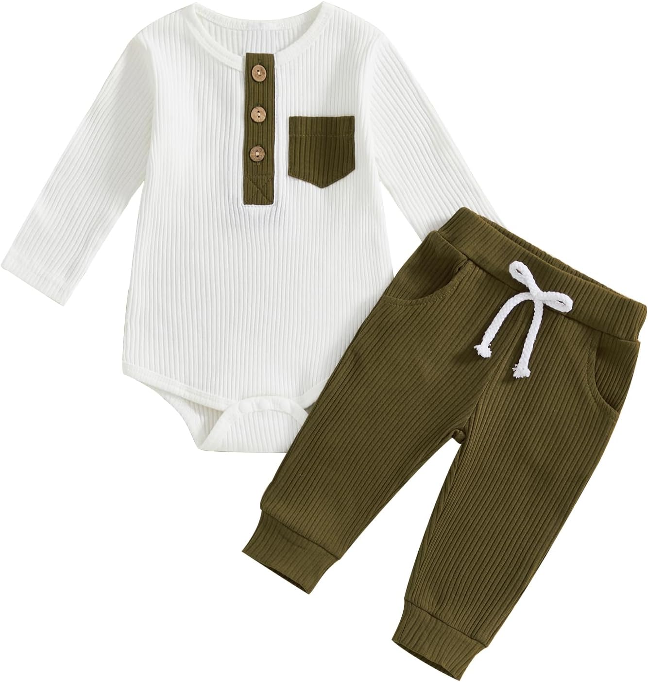 fhutpw Baby Boy Clothes 3 6 12 18 Months Ribbed Knitted Long Sleeve Romper and Pants Sets Newborn Fall Splicing Color Outfits