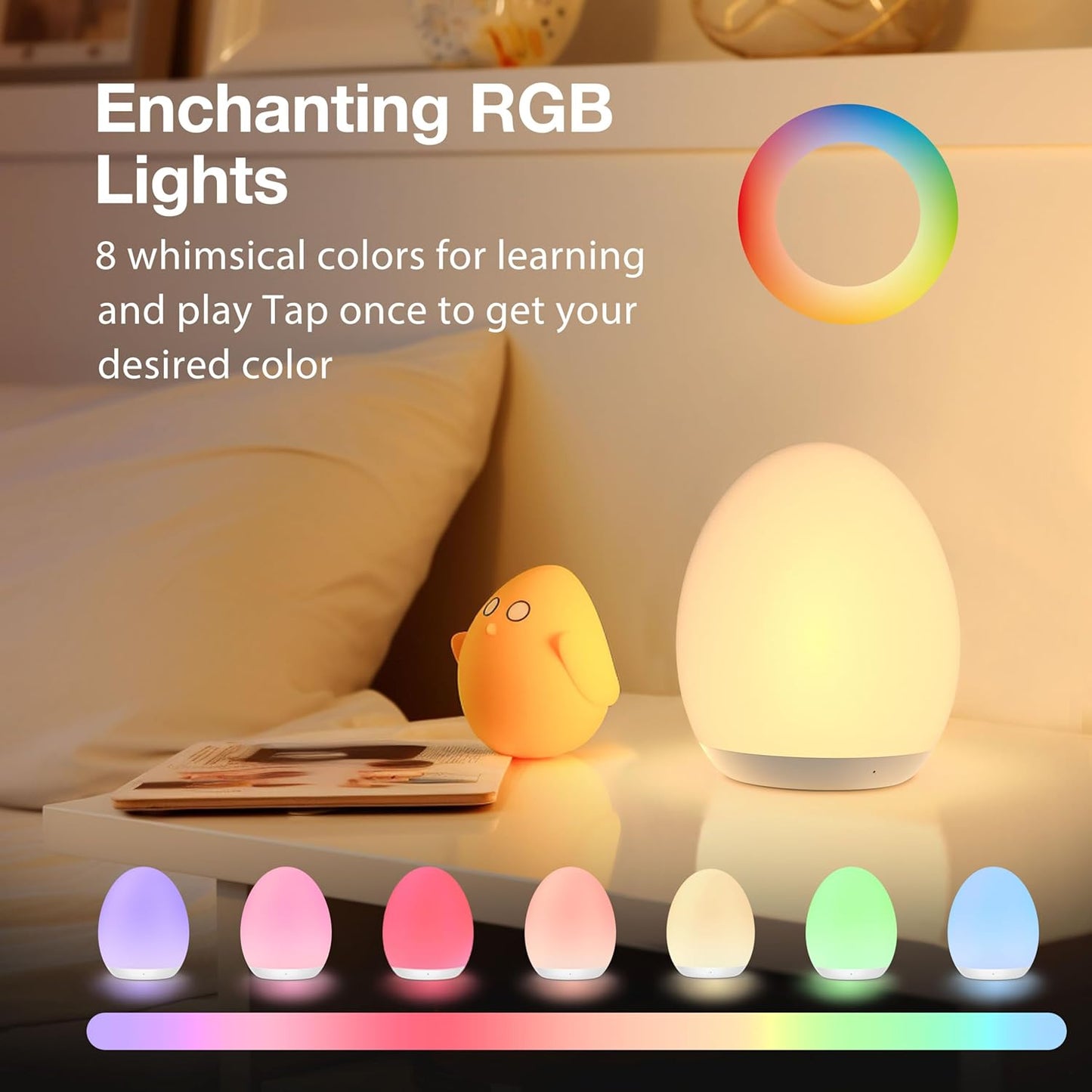 JolyWell Night Light for Kids, Baby Egg Light with 7 Colors Changing Mode & Stepless Dimming, Nursery Night Lamp BPA Free,Rechargeable Egg Night Light for Breastfeeding 1h Timer & Touch Control
