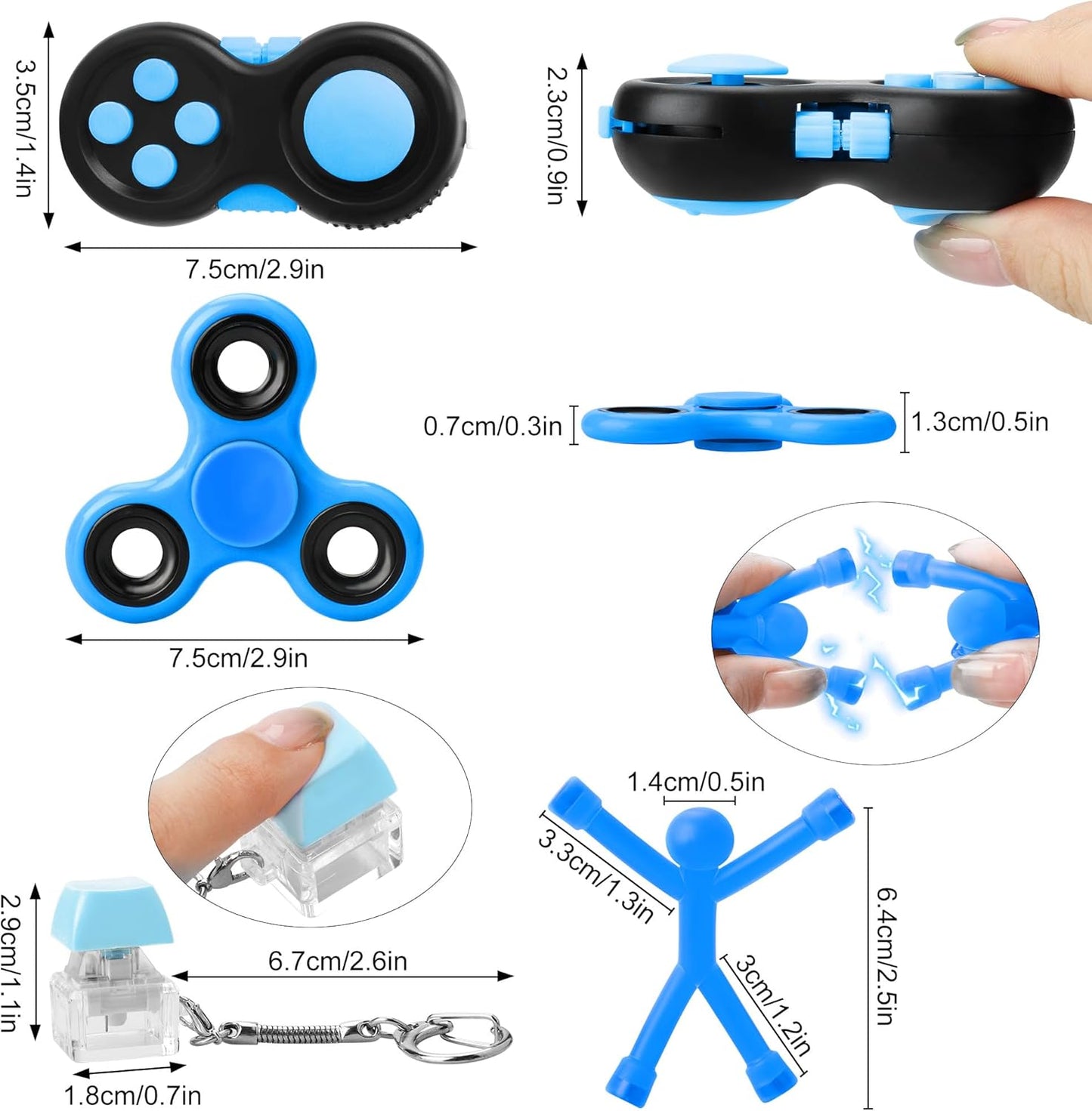 Fidget Toy Kids, ADHD Fidget Toys Adults, Fidget Toys Adults Anxiety with Mini Magnetic Man, Fidget Spinner, Fidget Keychain Keyboard, Fidget Pad (Blue)
