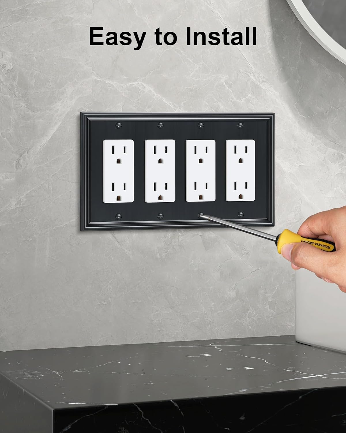 2-Pack Quad Decorator Outlet Cover Plate, Zinc Alloy Decorative Black Switch Plates and Outlet Covers, 4 Gang Wall Plates for Electrical Outlets, Receptacle, GFCI Outlet, Dimmer Switch