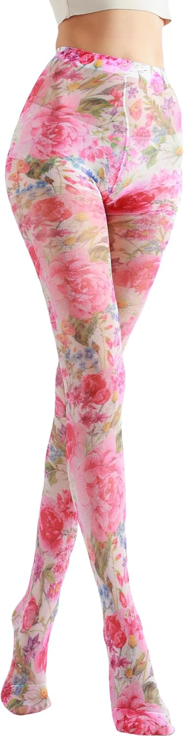 Sahabowi Women's Sheer Fashion Digital Print Fashions Stockings Metallic Silver Tights 1