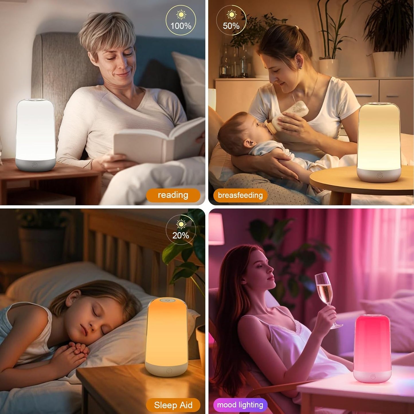 FRIDEKO HOME 2 Pack RGB Touch Bedside Lamp for Nightstand, 3 Color Temperatures Rechargeable Battery Night Light, Dimmable Mood Lighting for Bedroom Living Room Nursery, Breastfeeding, Kids, Adult
