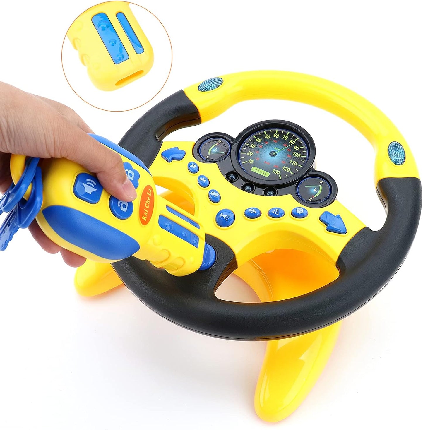 deAO Kids Steering Wheel for Backseat with Car Key Pretend Driving Simulated Driving Steering Wheel Toy with Light and Music Gifts for Kids (Yellow)