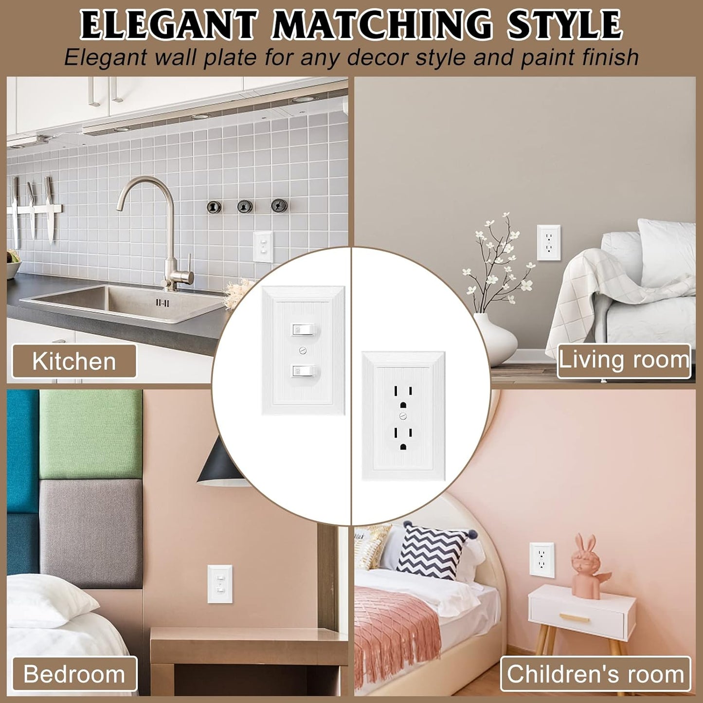 Modern Decorative Wall Plate Switch Plate Outlet Cover, Vintage Retro Wood Grain Design(Single Duplex-10 Pack, White)