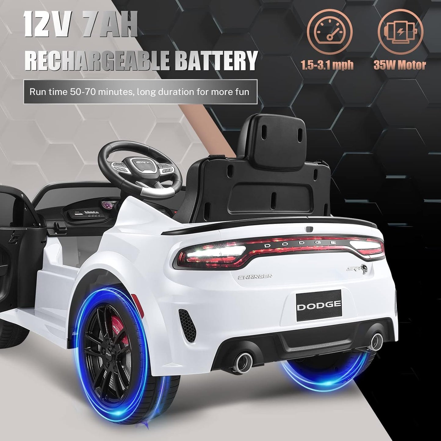 12V 7Ah Kids Electric Ride on Car, Licensed Dodge Charger SRT Hellcat, Battery Powered 4-Wheels Toy Car Electric Vehicle for Kids with Remote Control, 3 Speeds, LED Lights, Music (White)