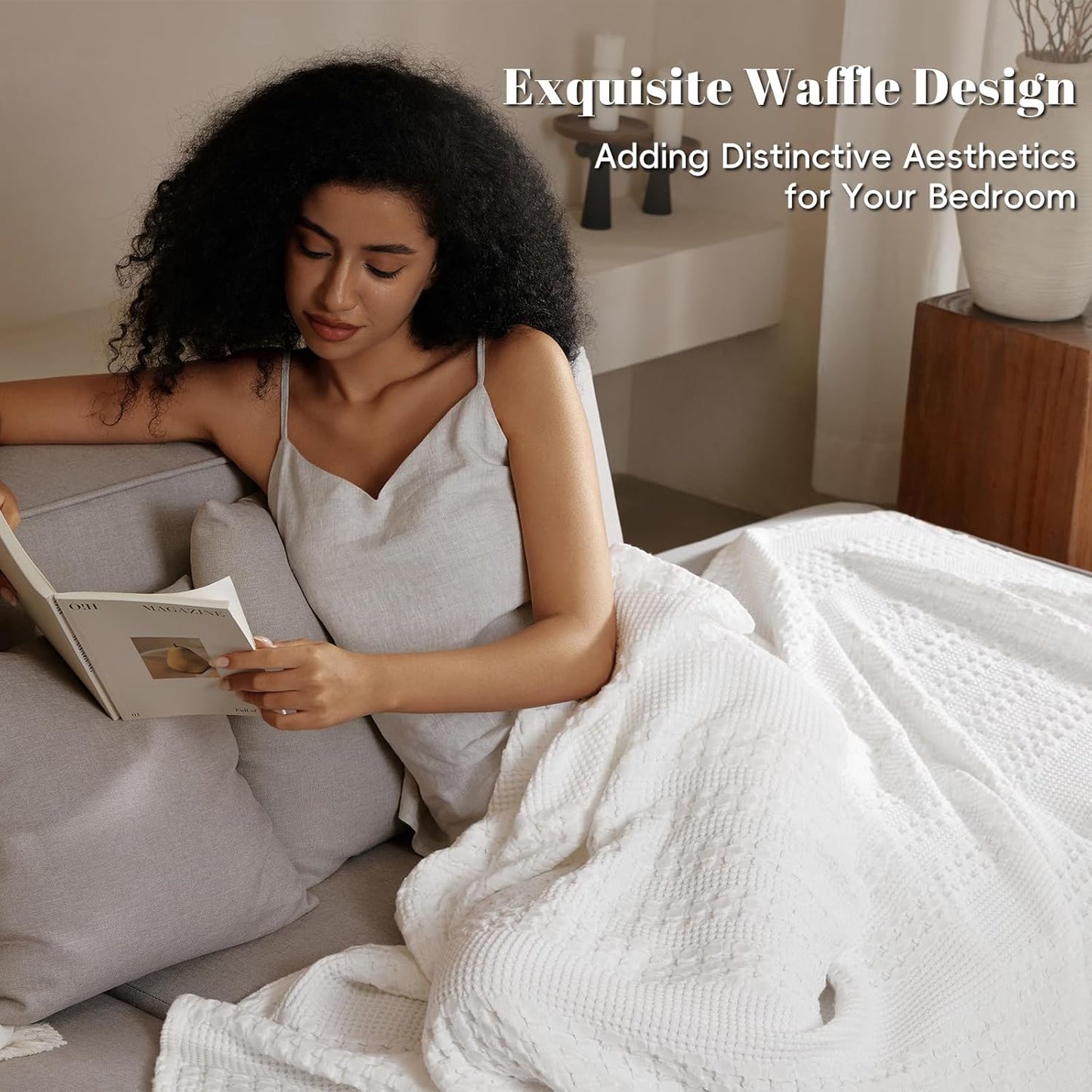 PHF 100% Cotton Waffle Weave Blanket Twin Size, Soft Lightweight Breathable Cozy Summer Blankets for Bed, Luxury Aesthetic Woven Bedding for Home Decor, 66"x90", White
