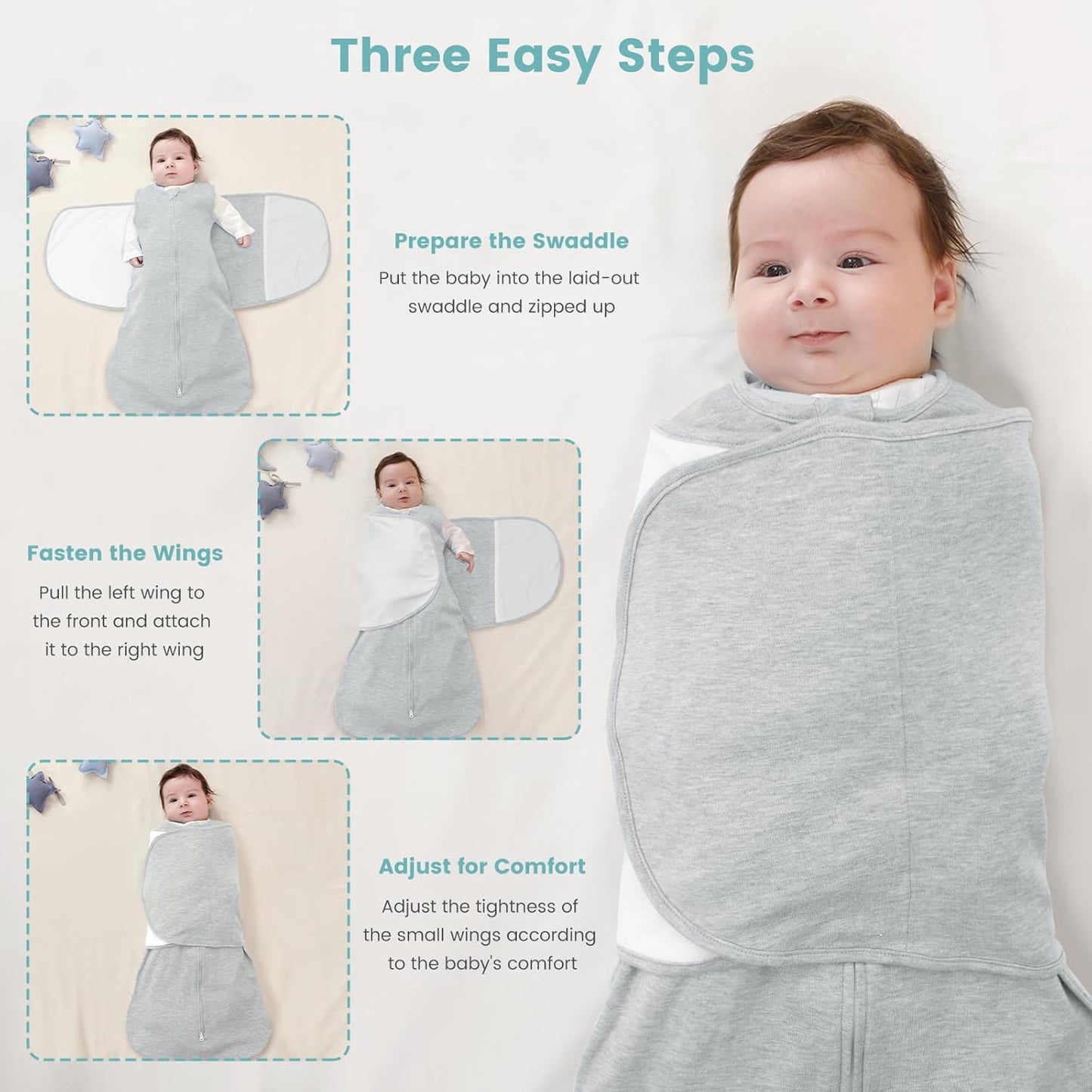 Baby Swaddle Sleep Sack 1.0 Tog 3-in-1 Cotton Baby Swaddle Blanket Wrap for Newborns 0-6 Months Grey