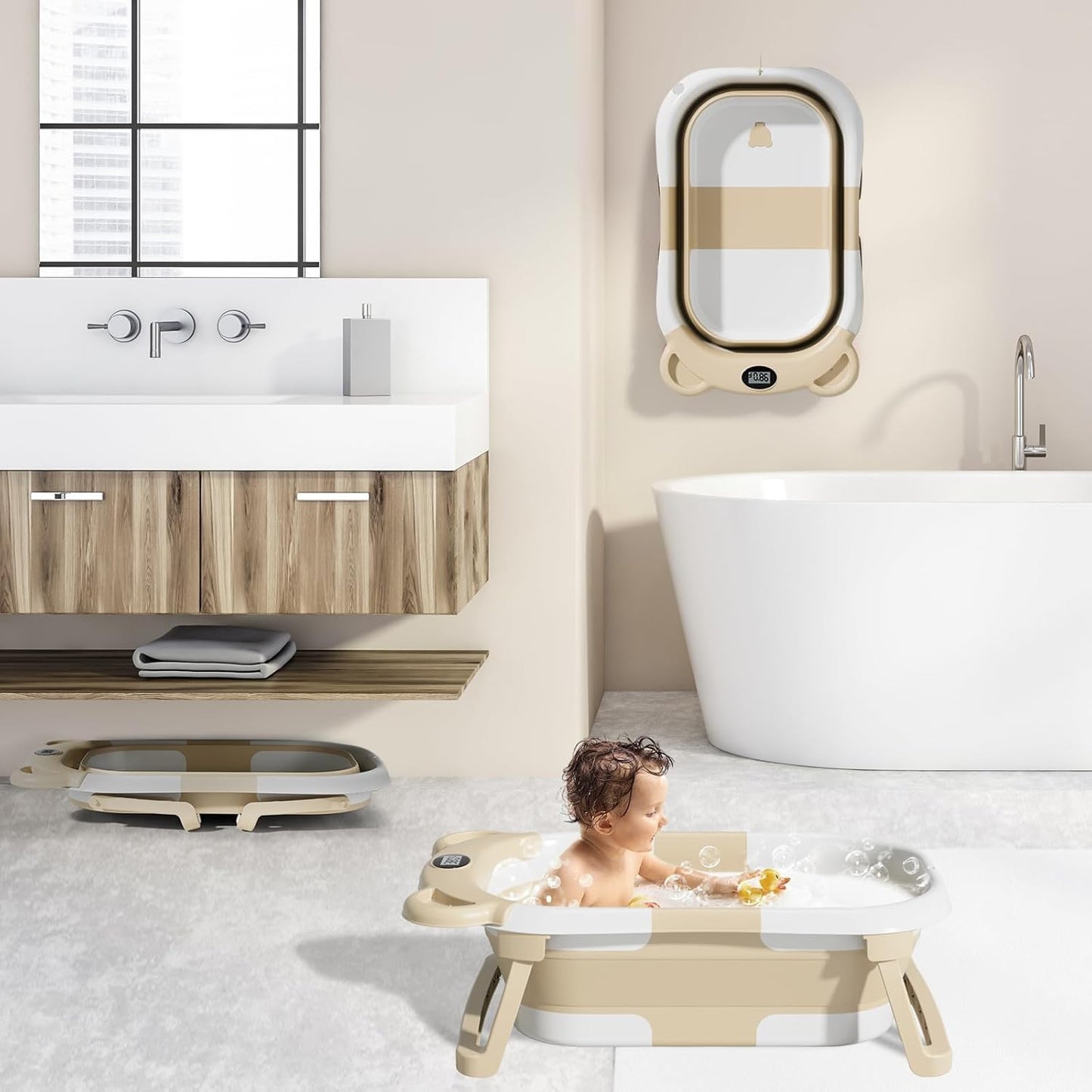 TPN Collapsible Baby Bathtub, Baby Bath Tub with Soft Cushion & Real-Time Thermometer, Baby Bathtub Infant to Toddler Tub (0-36 Months), Portable Newborn Travel Bath tub