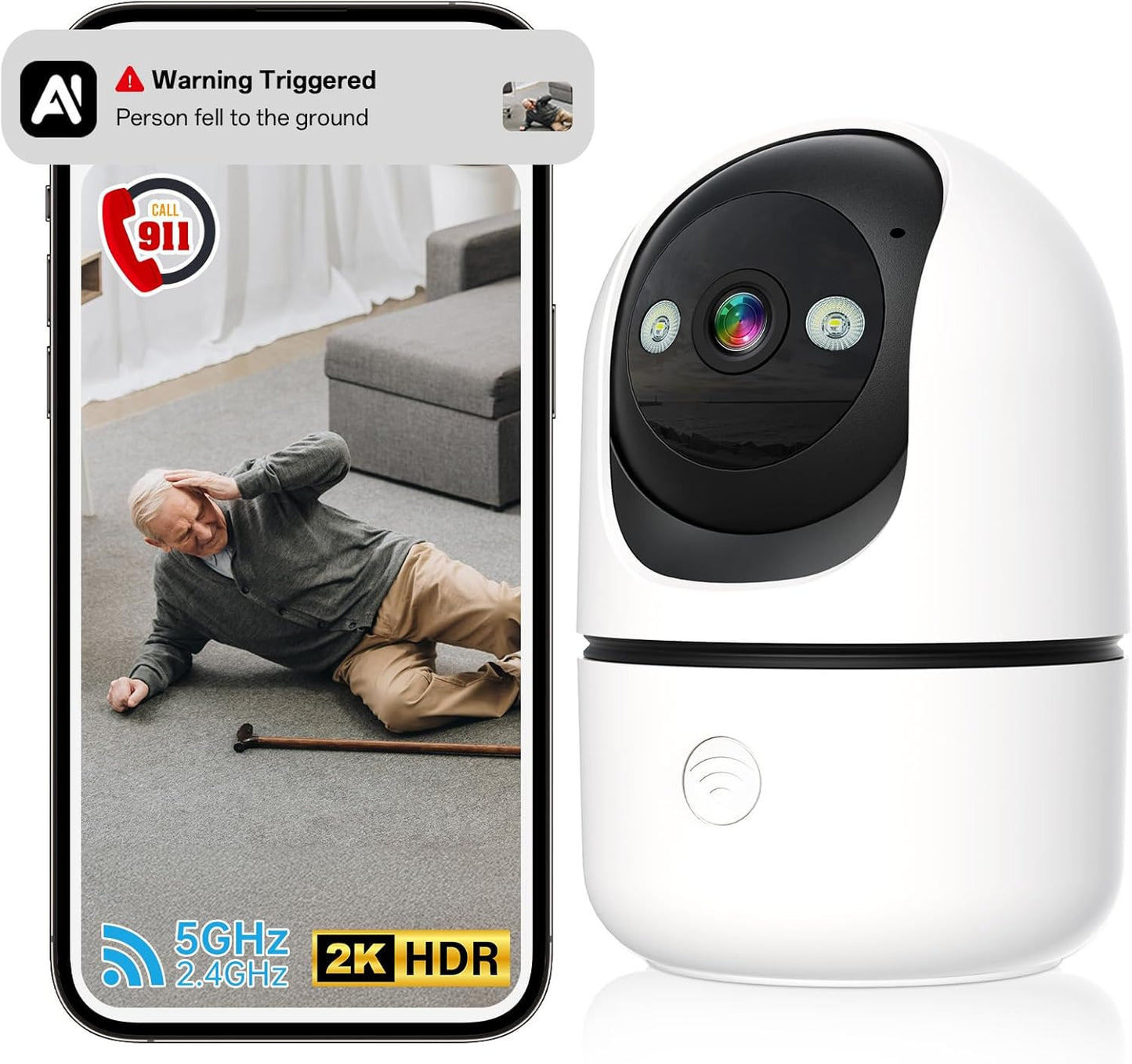 Indoor Security Camera - 5G&2.4G WiFi Cameras for Home Security Indoor One-Tap Call 911, 2K 360°Pan/Tilt AI Motion Detection Nanny/Baby/Pet/Dog Camera with Phone App/Speaker/US Cloud/IR Night Version