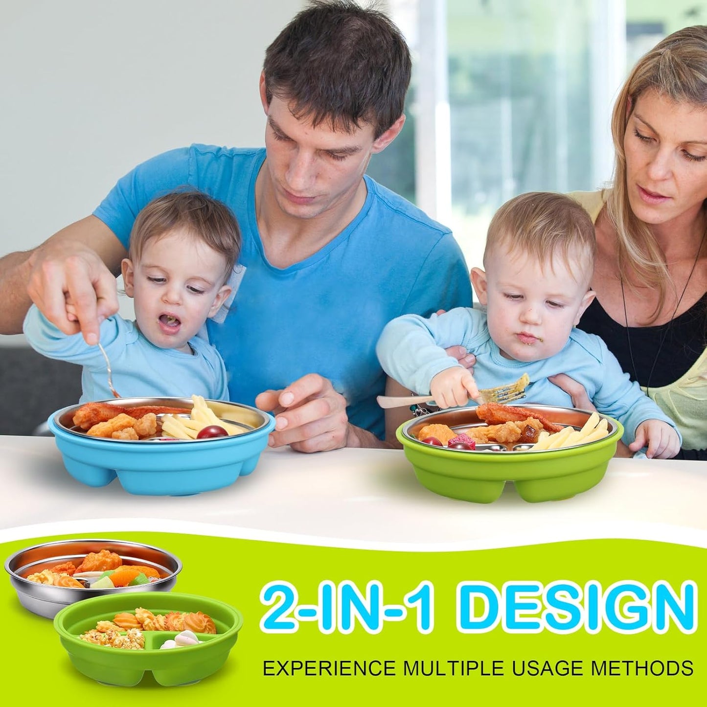 Nuogo 2 Pcs Stainless Steel Baby Suction Plates with Removable Silicone Shell 2-in-1 Metal Toddler Bowl Divided for Picky Eaters Kids Feeding Led Weaning Supplies, Dishwasher Safe (Green, Blue)