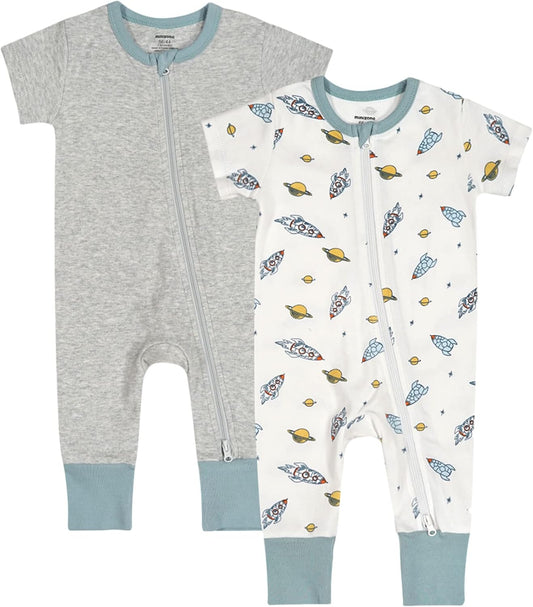 Teach Leanbh Baby Boys Girls 2 Pack 2 Way Zipper Footless Pajamas Cotton Short Sleeve Printing Romper Sleep and Play