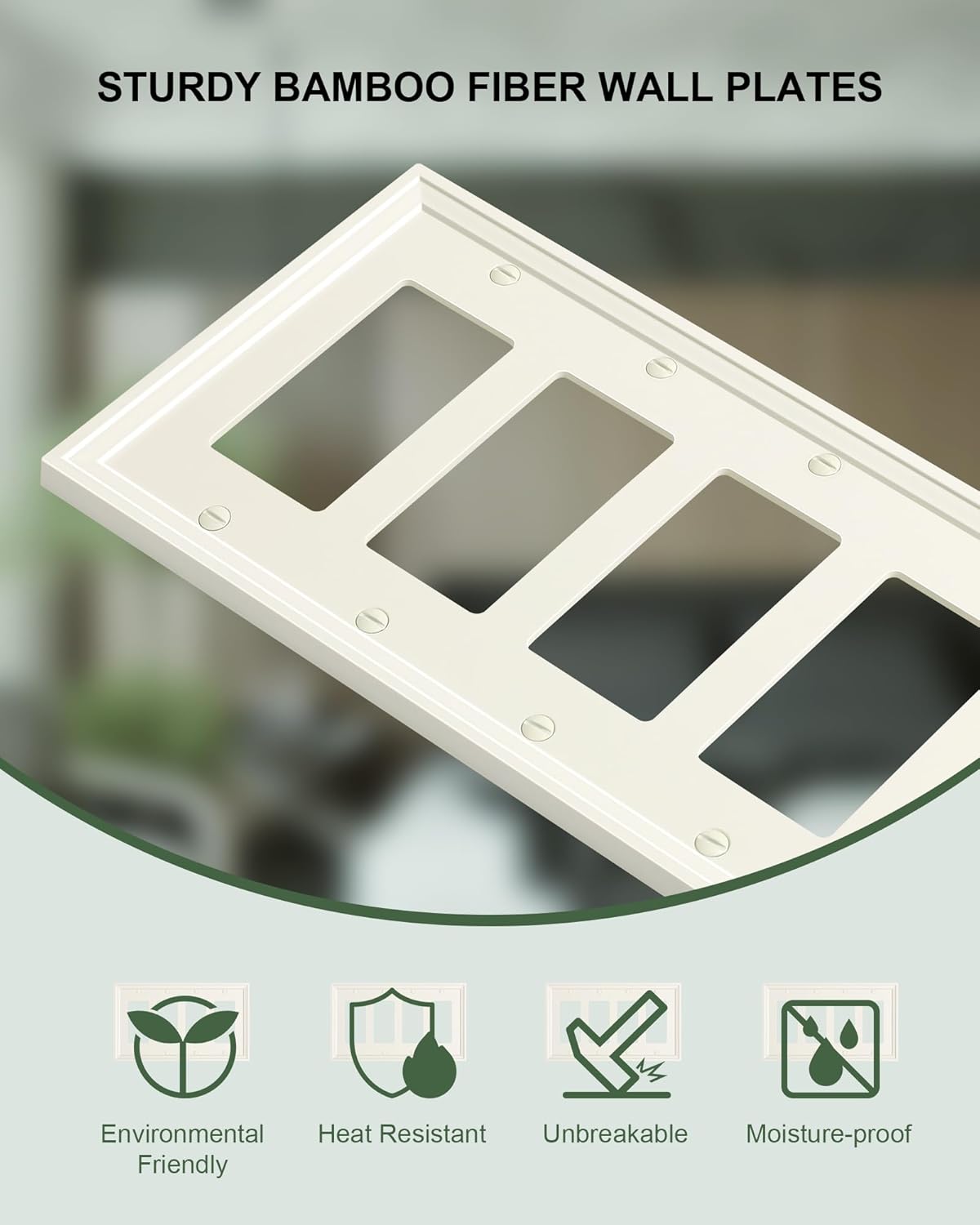 2-Pack Quad Decorator Outlet Cover Plate, Light Almond Modern Decorative Switch Plates and Outlet Covers, Natural Bamboo Fiber Wall Plates for Electrical Outlets