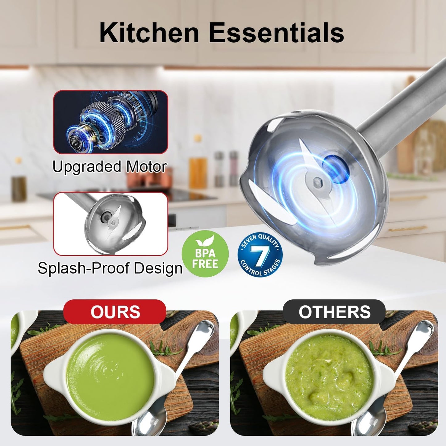 Immersion Blender 4 in 1, 16000rpm Speed, 400W Turbo Motor & Ergonomic Grip Hand Blender Set, Splash-Proof Stainless Steel Blades, for Soup, Baby Food, Smoothies, Sauce (Red+Ivory)