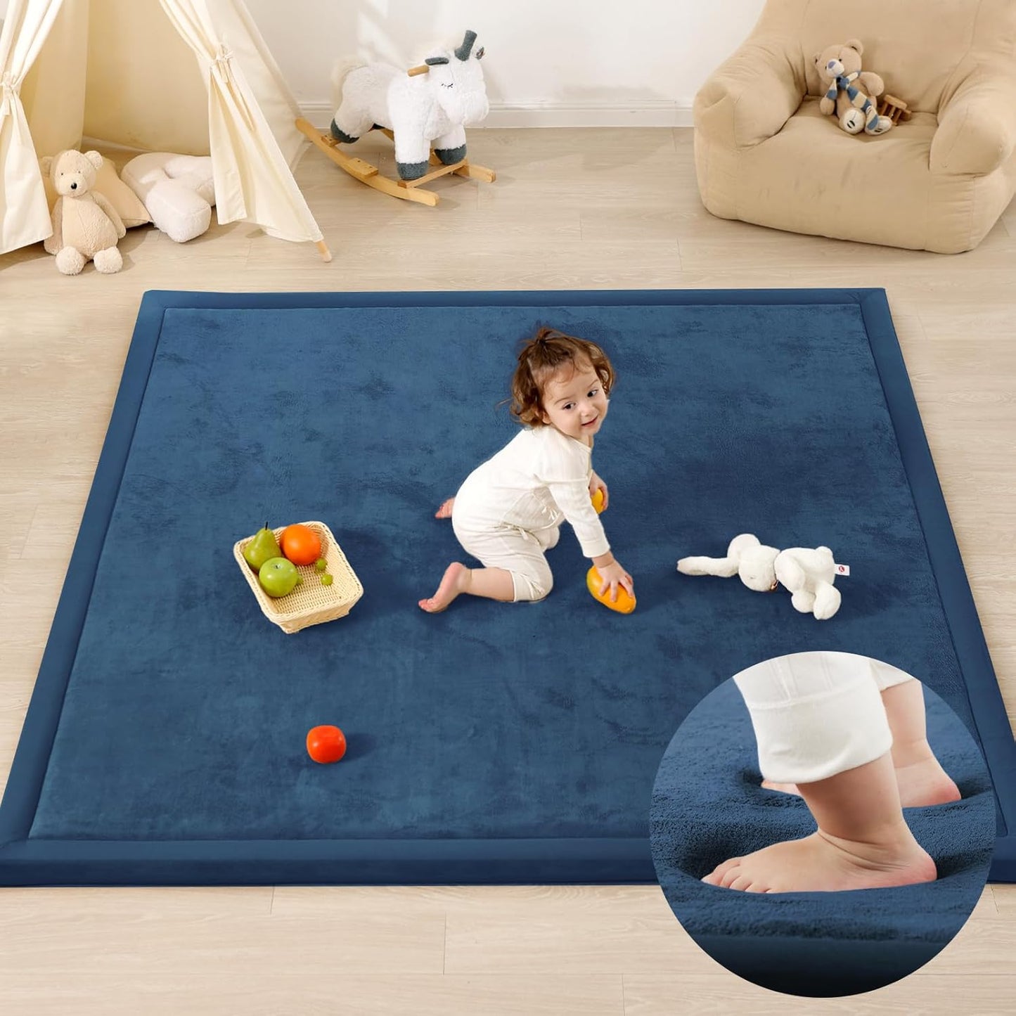 Ultra Soft Baby Play Mat,71"×79" Extra Large Activity Tummy Time Mat for Toddlers,Infants,Kids,1.3" Thick Elasti-Foam Nursery Rug for Floor,Non-Slip Safe for Crawling,Water-Repellent(Royal Blue)