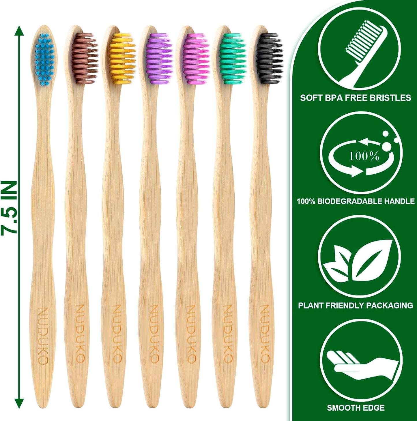 Biodegradable Bamboo Toothbrushes, 10 Piece BPA Free Soft Bristles Toothbrushes, Natural, Eco-Friendly, Green and Compostable (Multicolored Bristles)