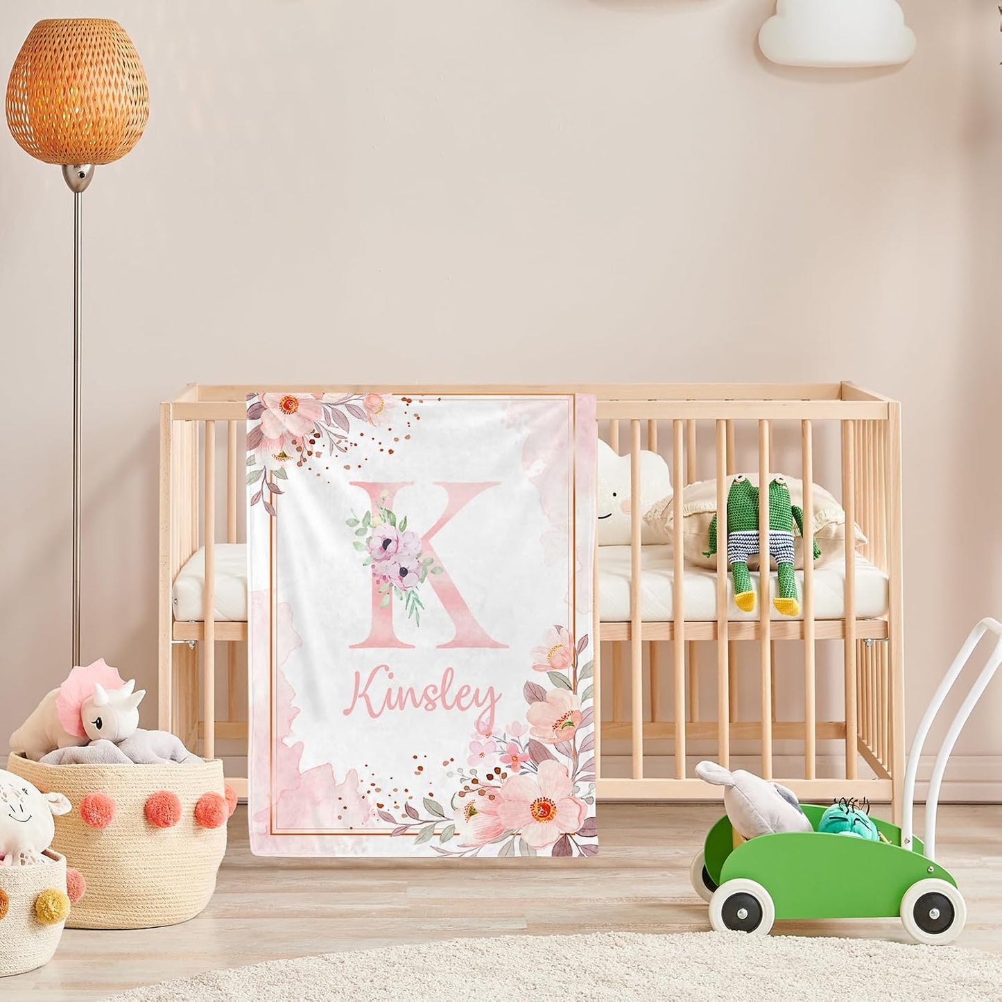 Personalized Baby Blanket with Name, Custom Floral Name Blanket Toddler Girls Soft Flannne Receiving Blankets Customized Memorial Gift for Infant Newborn Shower