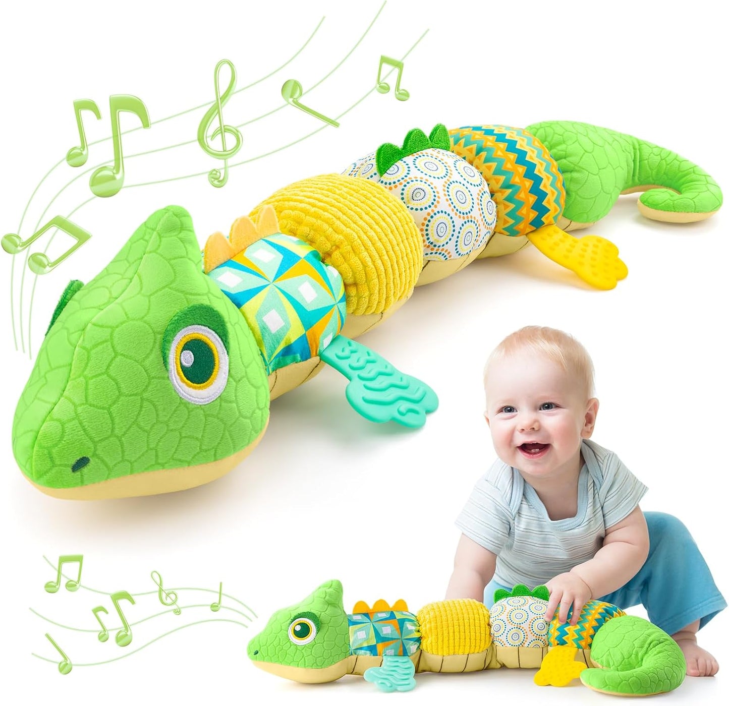 Baby Toys 0-6-12 Months, Musical Stuffed Animal Activity Soft Toys with Multi-Sensory Crinkle,Rattles and Textures,Infant Tummy Time Toys for Newborn Boys Girls,Dinosaur,Green