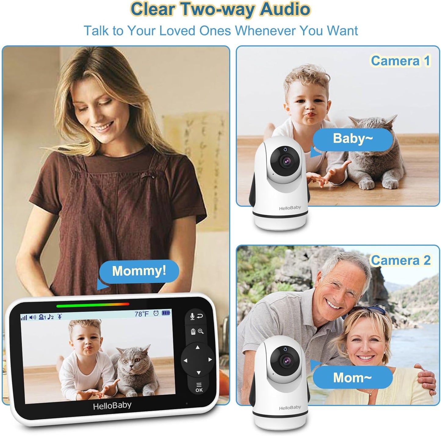 HelloBaby Video Baby Monitor with 2 Cameras and 5 Inch Split Screen Display, Remote Control Cameras with Night Vision and Temprature Monitoring