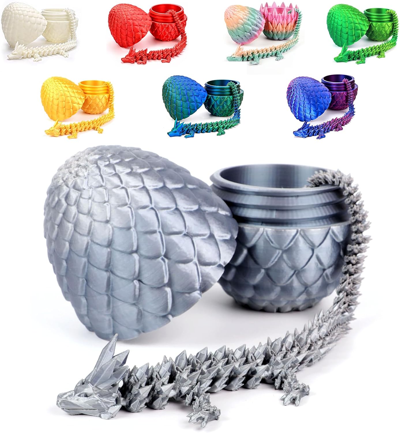 12inch Dragon Egg, Year of The Dragon, 3D Printed Dragon, Executive Desk Toys, Articulated Dragon, Fidget Toys Gifts for Graduates Students Teachers Adults (Silver)