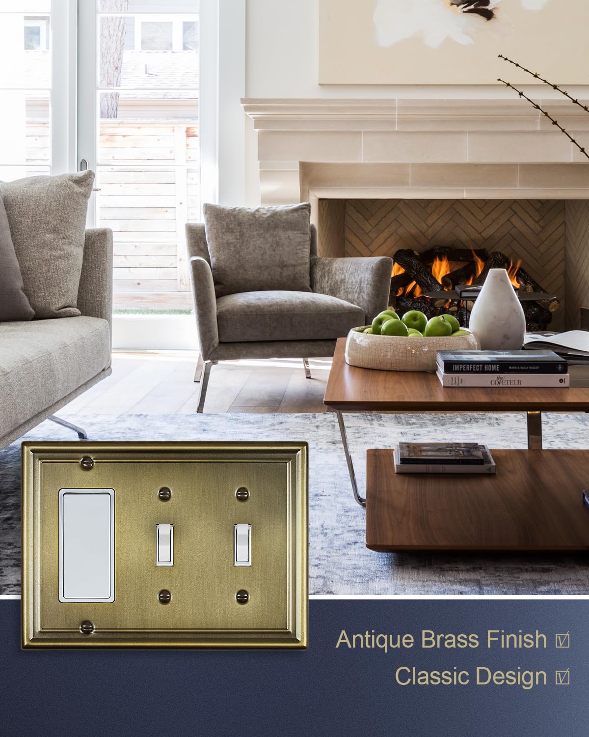 Antique Brass Combination 2 Toggle and 1 Decorator Wall Plates, 1-Pack Metal Switch Plates and Outlet Covers, 3-Gang, 6.77''*4.88'', Midsize