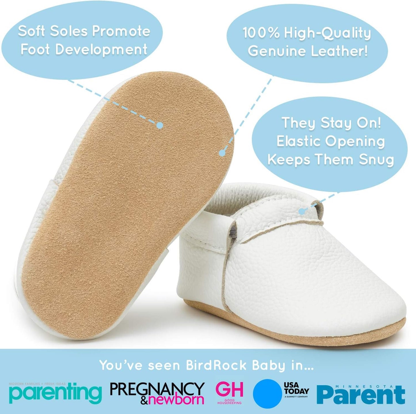 BirdRock Baby Fringeless Moccasins - Genuine Leather Boys and Girls Shoes for Newborns, Infants, Babies, Toddlers