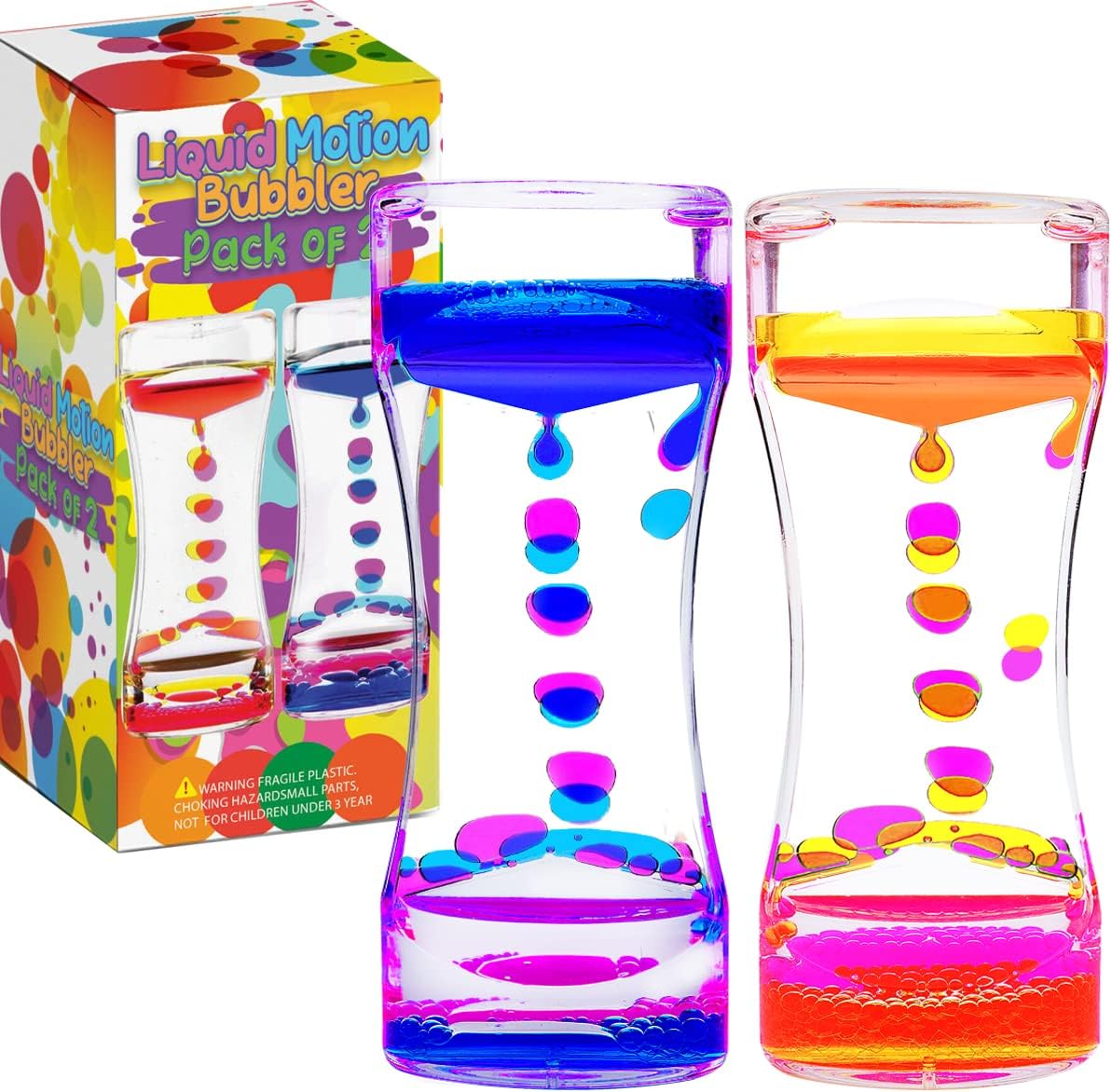 YUE MOTION Liquid Motion Bubbler Visual Sensory Toys, 2 Minute Liquid Timer– New Big Calming Sensory Bubbler Toy- Colorful Liquid Hourhlass for Stocking Stuffers, Easter Basket Stuffers(Pack of 2)
