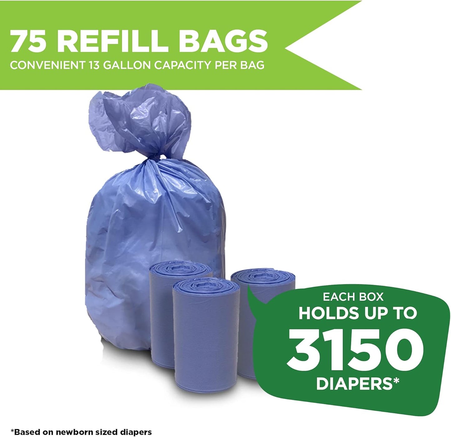 Pail Buddies Diaper Bags, 75 Count, Fresh Powder Scent, Compatible with Ubbi Diaper Pail, Made with Recycled Material, 13 Gallon Capacity, Strong and Durable