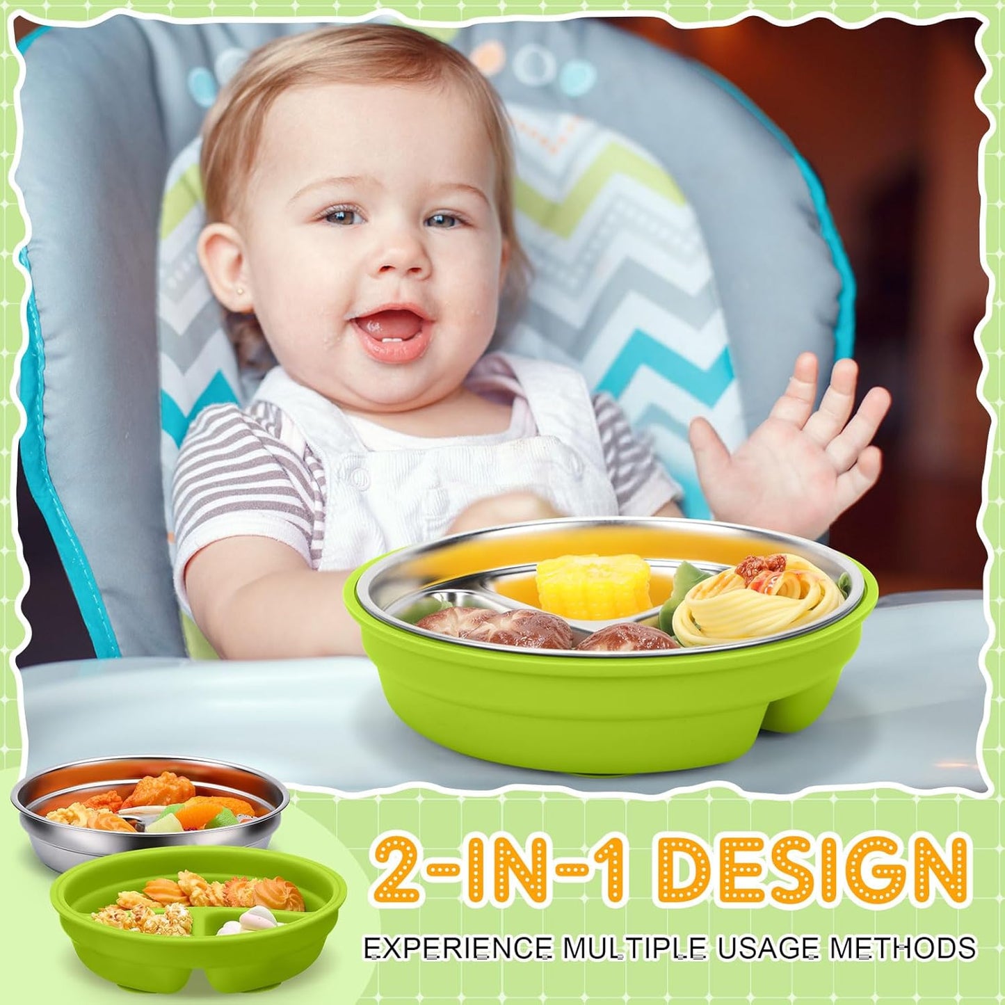 Nuogo 1 Pcs Stainless Steel Baby Suction Plates with Removable Silicone Shell 2-in-1 Metal Toddler Bowl Divided for Picky Eaters Kid Feeding Led Weaning Supply, Dishwasher Safe (Green)