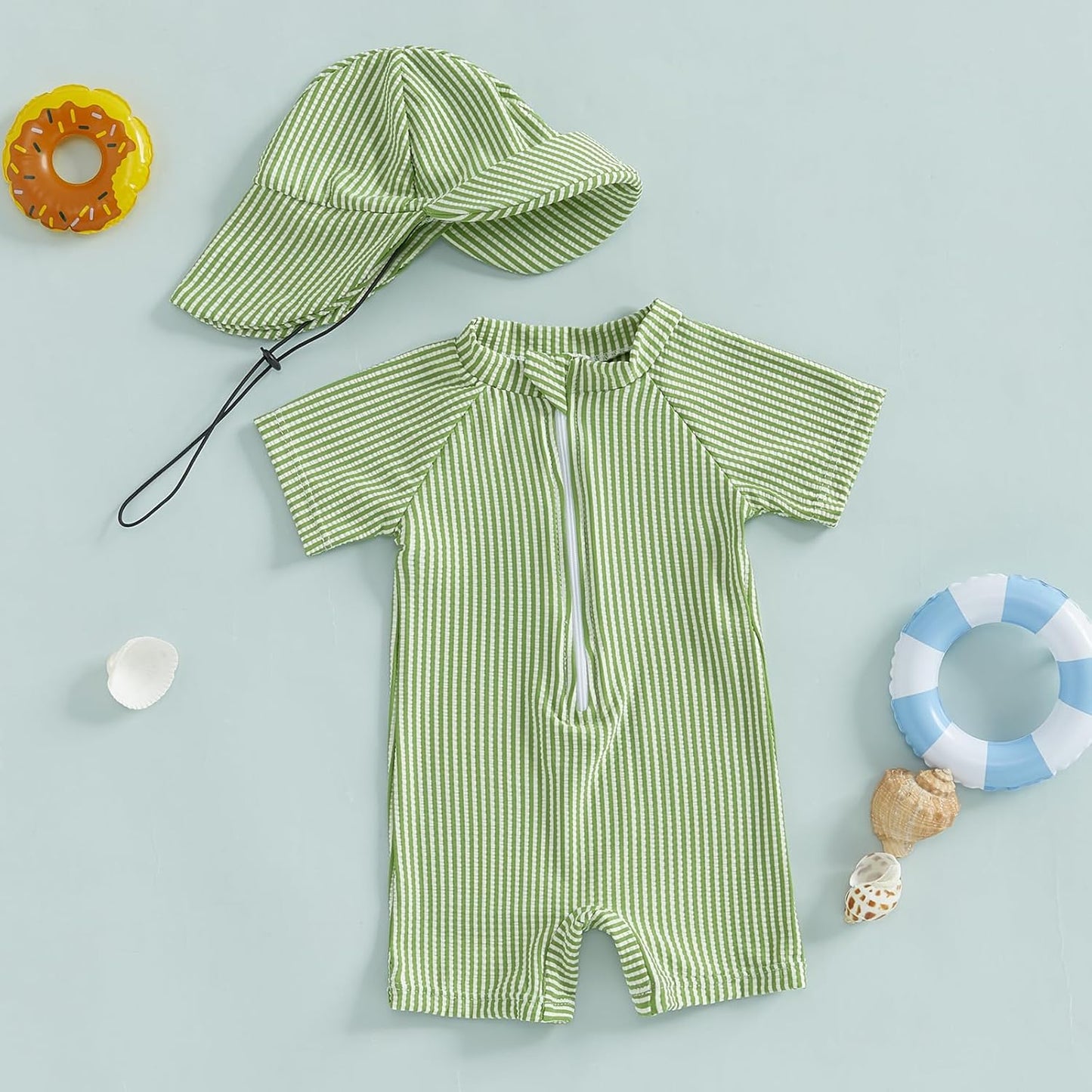 Toddler Baby Boys Seersucker Short Sleeve One Piece Rash Guard Swimsuit Zipper Bathing Suit Swimwear with Hat