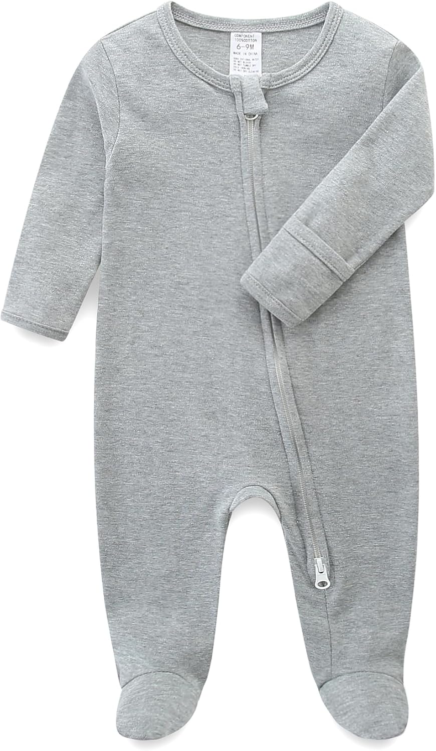 Baby Romper 100% Organic Cotton Pajamas One Piece Long Sleeve Zipper Footie Onesie for 0~12M Baby
